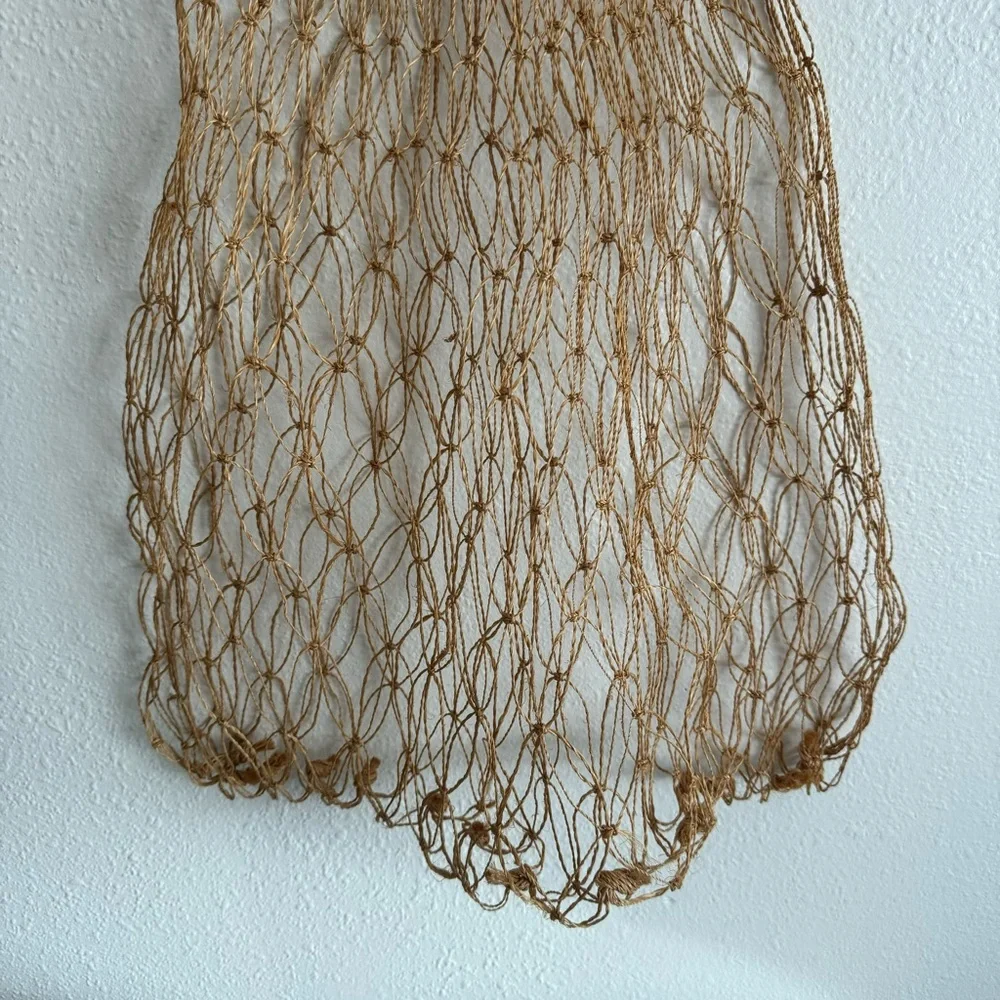 Vintage 90s Handmade Woven Straw Crochet Net Jute Farmers Market Large Tote Bag